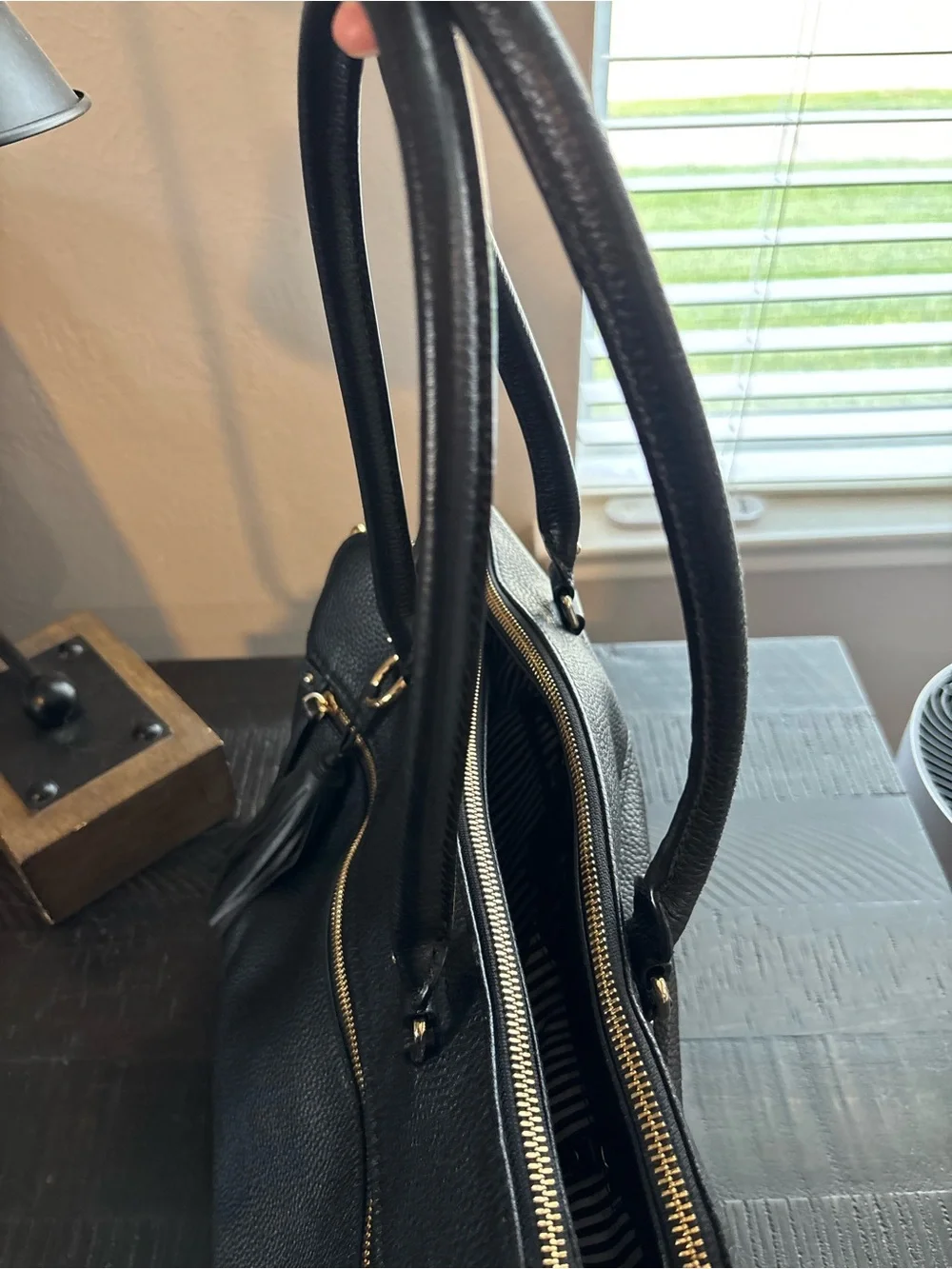 kate spade Black Pebbled Leather Tote with Tassel and Gold Hardware
